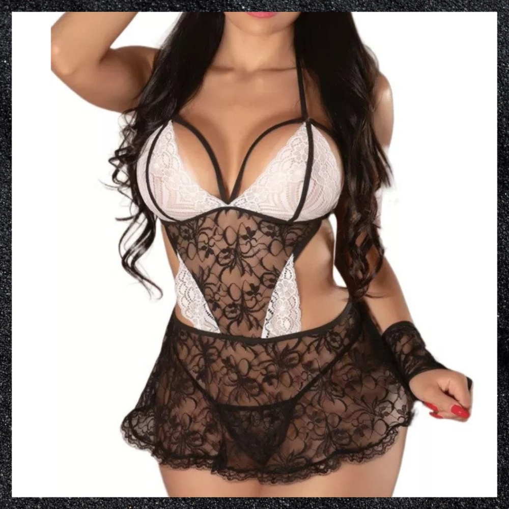 Black & White Lace French Maid Cosplay Lingerie Set